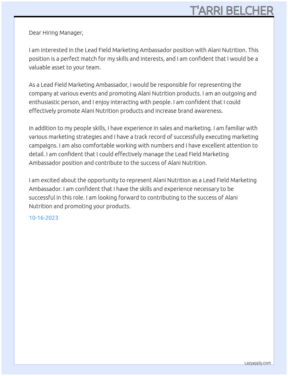 Lead Field Marketing Ambassador At Alani Nutrition Cover Letter