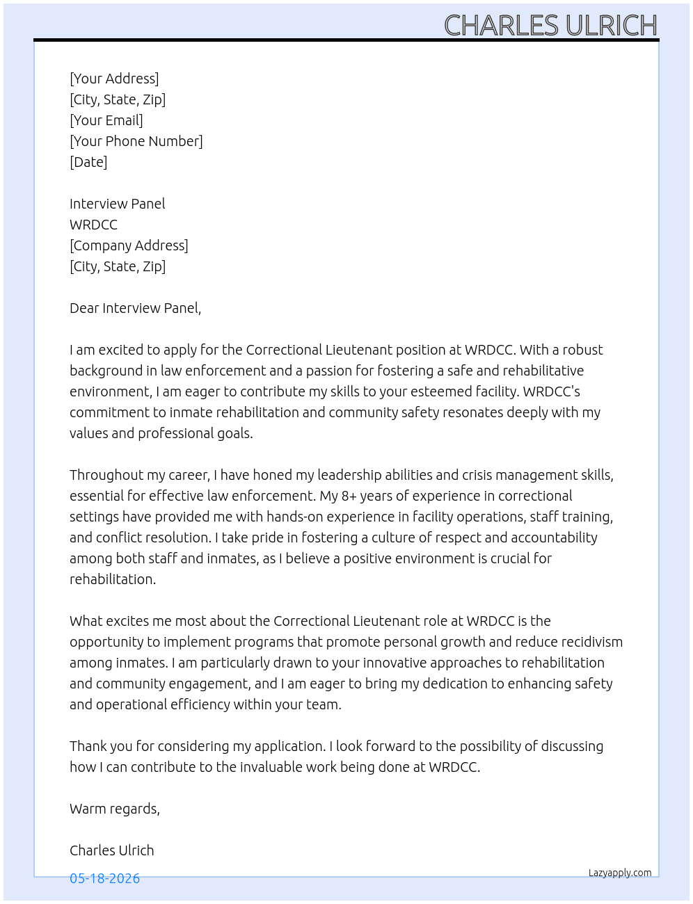 Correctional Lieutenant At WRDCC Cover Letter