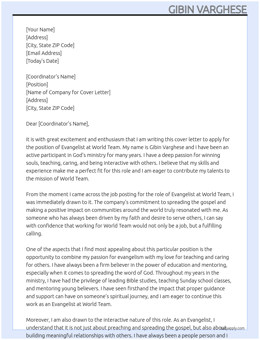 Evangelist  At World Team Cover Letter