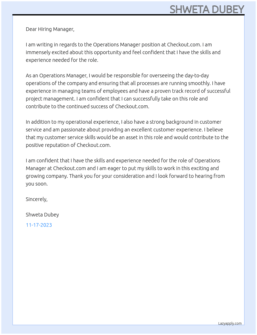 Operations Manager At Checkout.com Cover Letter
