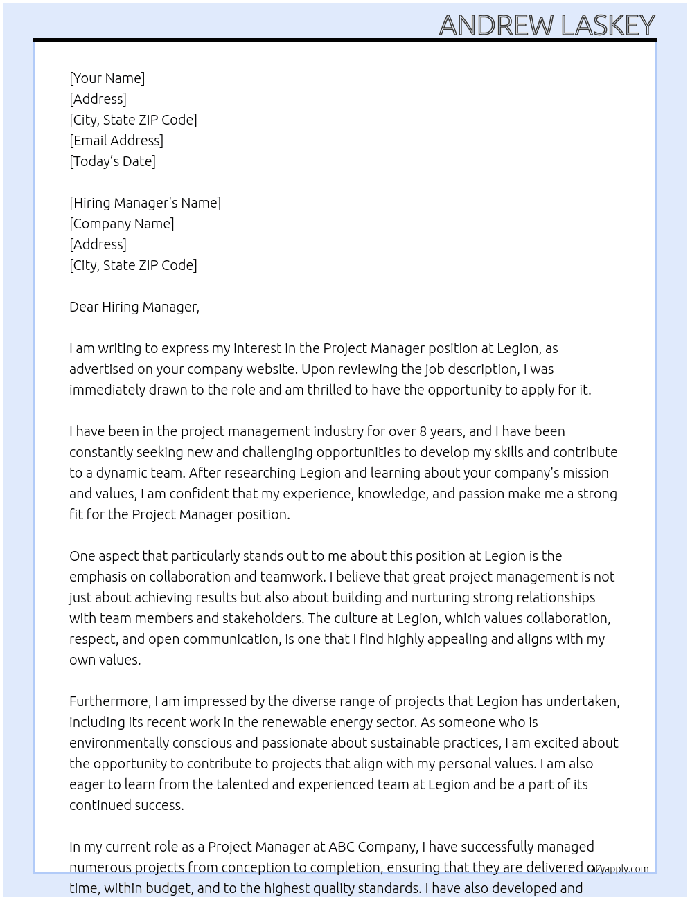 Project Manager At Legion Cover Letter