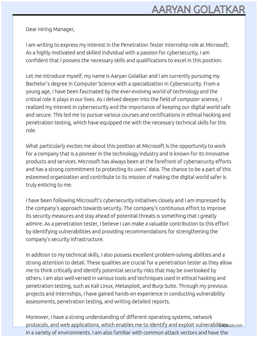 Penetration Tester At Microsoft Cover Letter