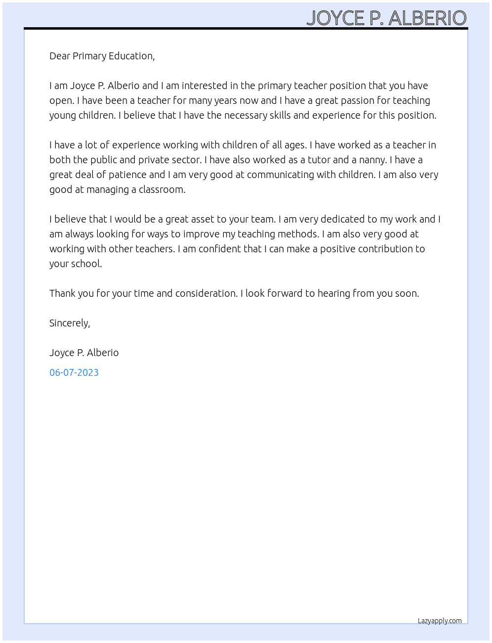 Primary teacher At Primary Education  Cover Letter