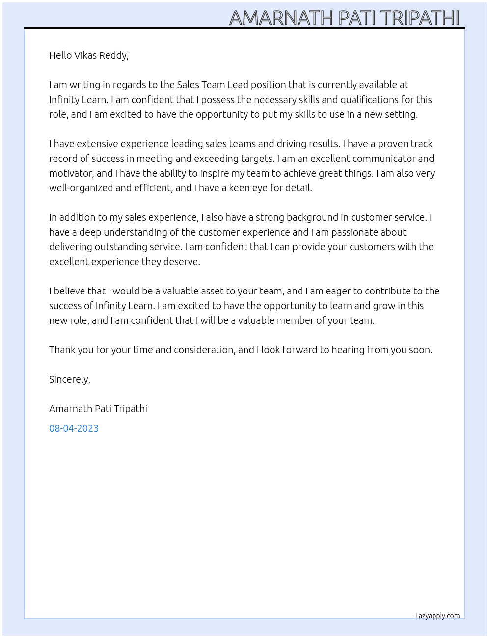 Sales Team Lead  At Infinity Learn Cover Letter