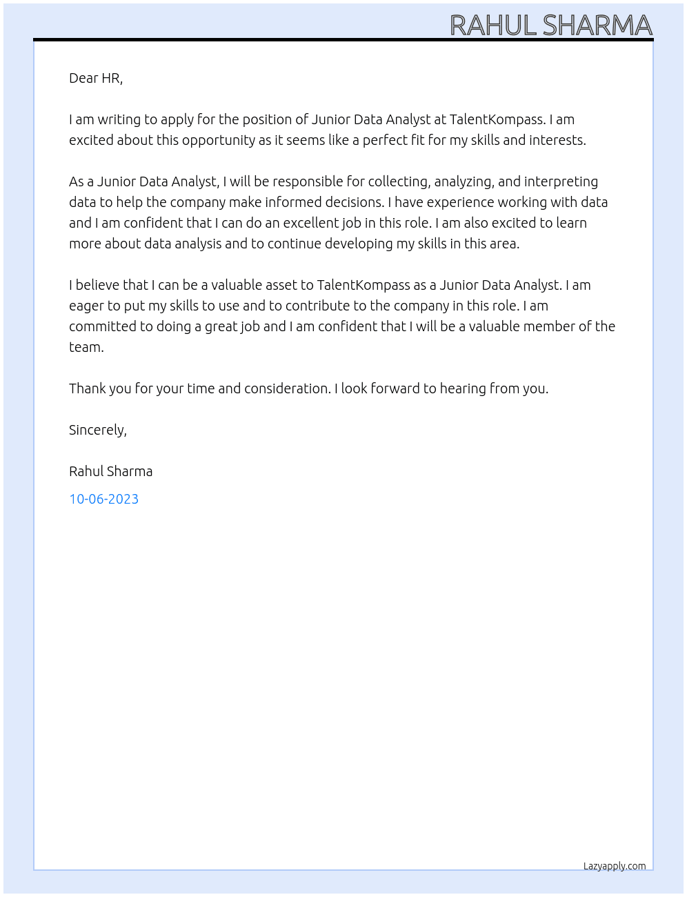 Junior Data Analyst At TalentKompass  Cover Letter