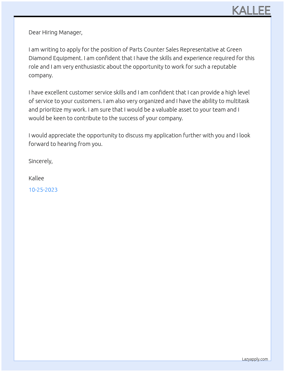 Parts Counter Sales Representative At Green Diamond equipment  Cover Letter