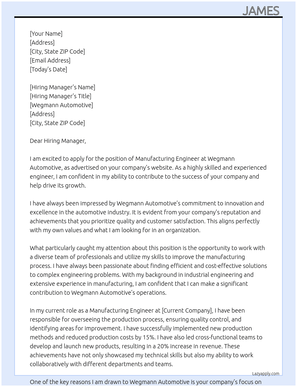 manufacturing engineer  At Wegmann automotive Cover Letter