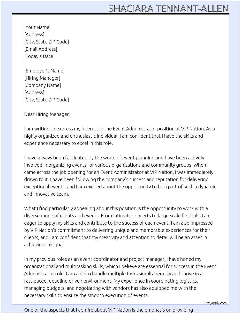 Event Administrator At VIP Nation Cover Letter