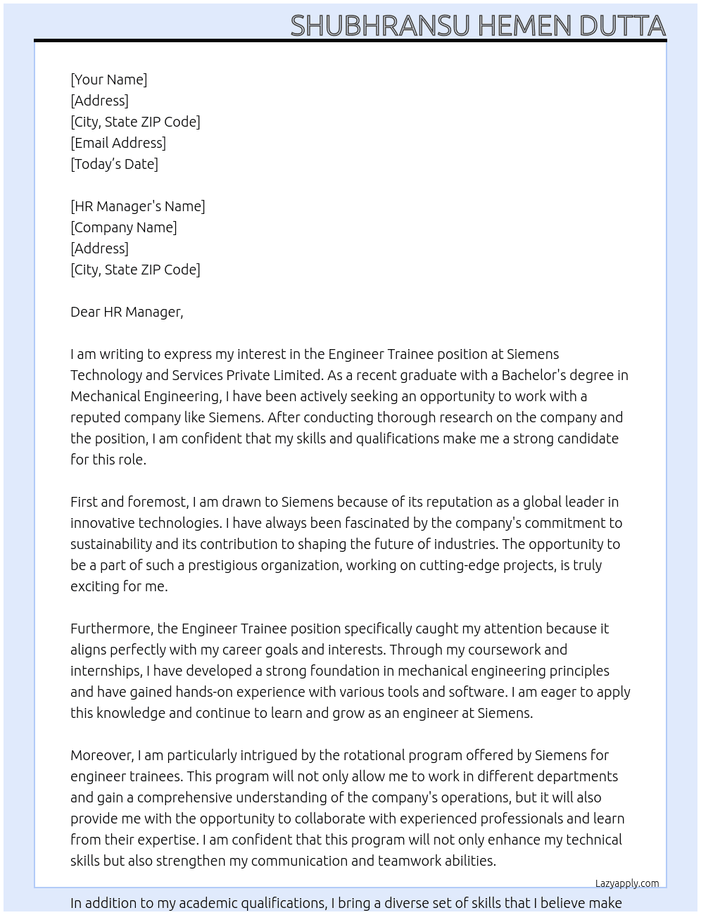 Engineer trainee At Siemens Technology and Services Private Limited Cover Letter