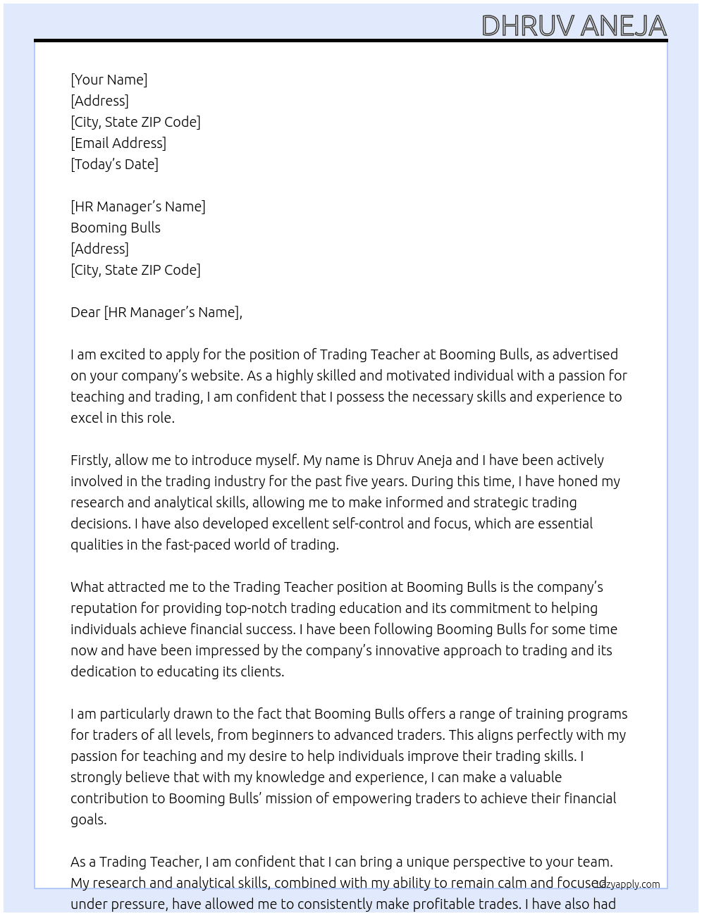 Trading Teacher At Booming Bulls Cover Letter
