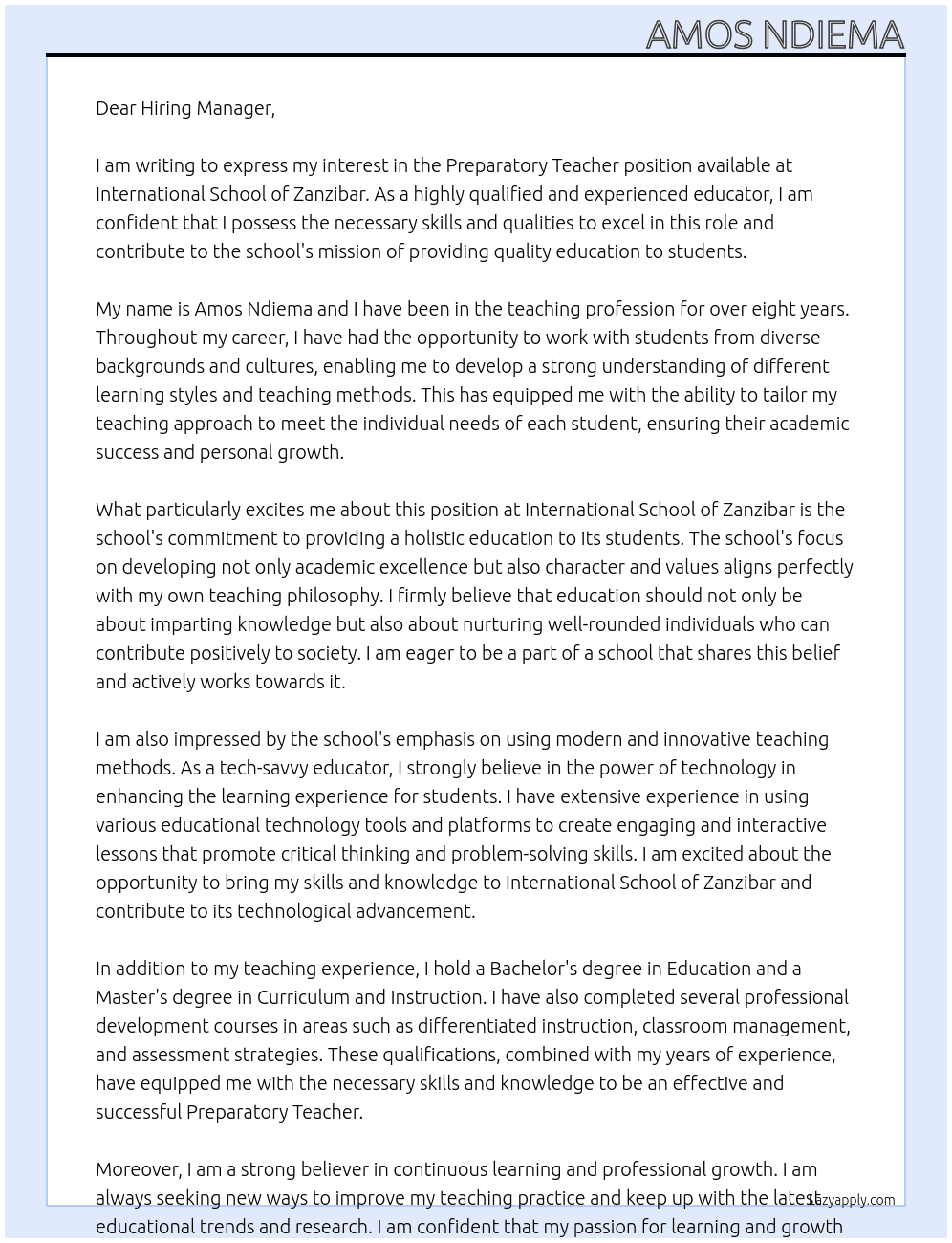 Cover letter for preparatory teacher - LazyApply