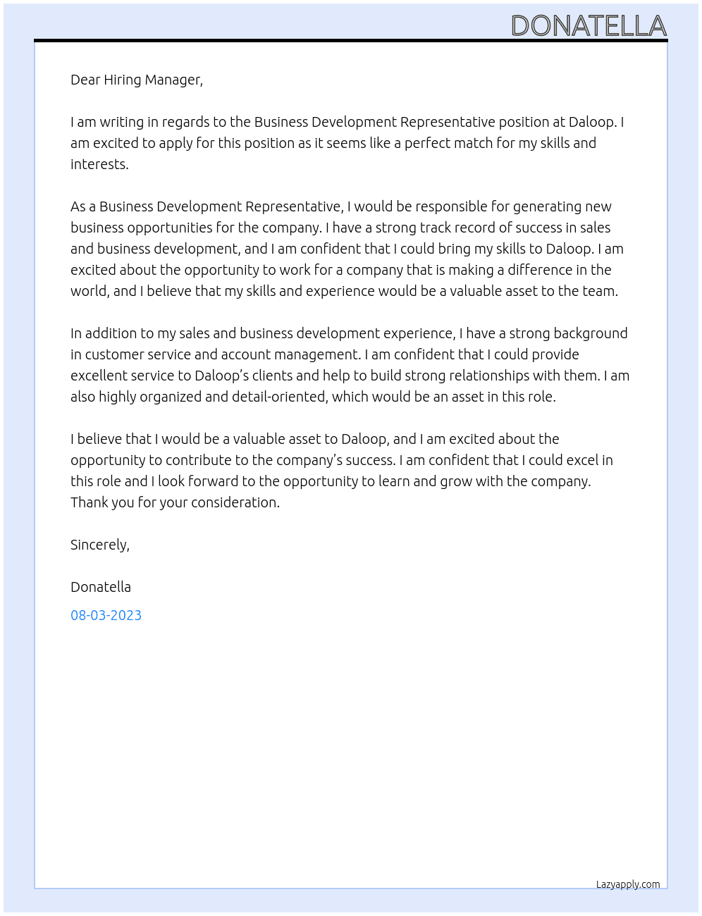Business Development Representative At Daloop Cover Letter
