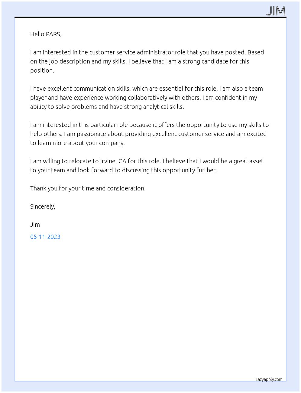 Customer Service Administrator At PARS Cover Letter