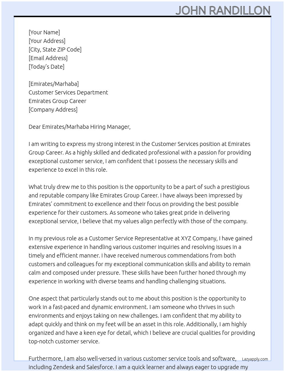 Customer services At Emirates group career Cover Letter