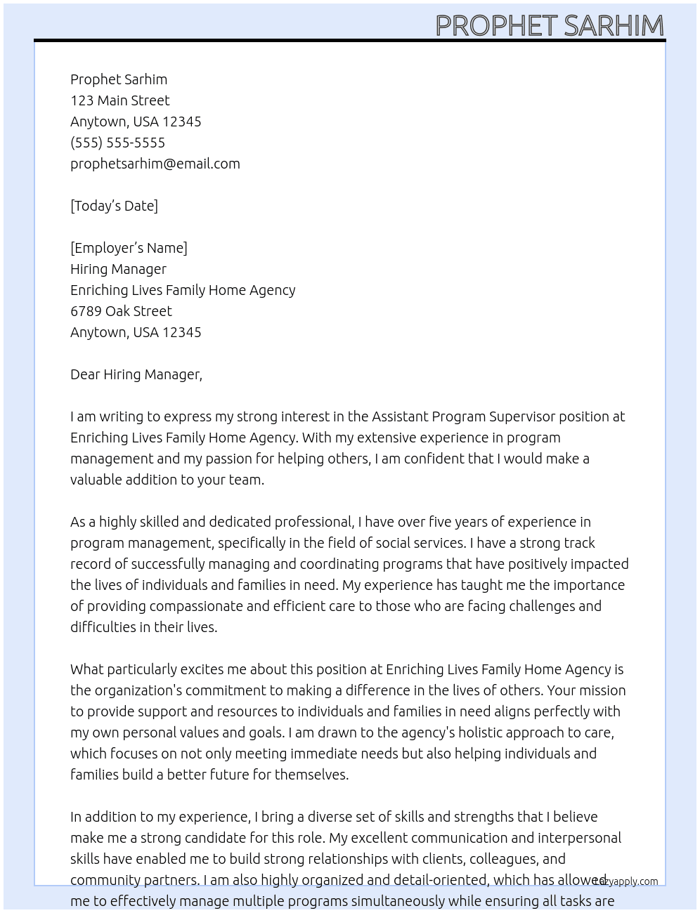 assistant program supervisor At Enriching Lives Family Home Agency Cover Letter