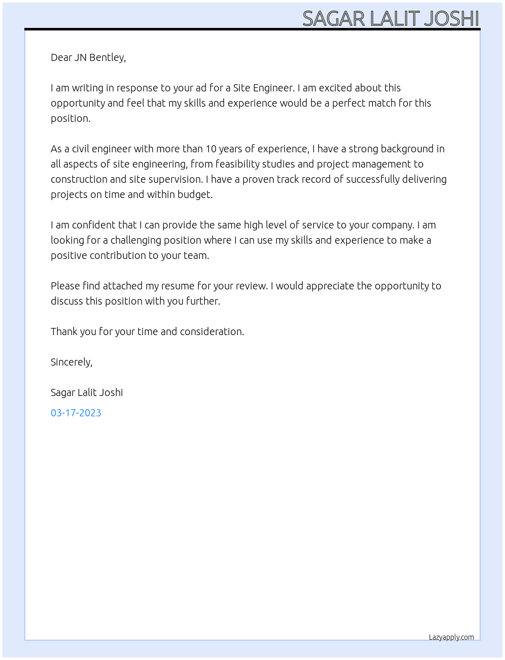 site engineer At Bentley Cover Letter
