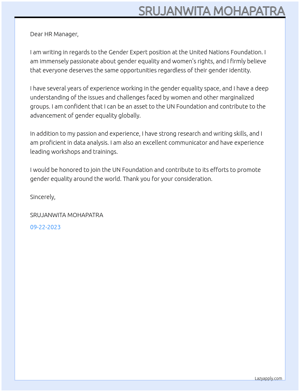 Gender Expert At United Nations Foundation Cover Letter