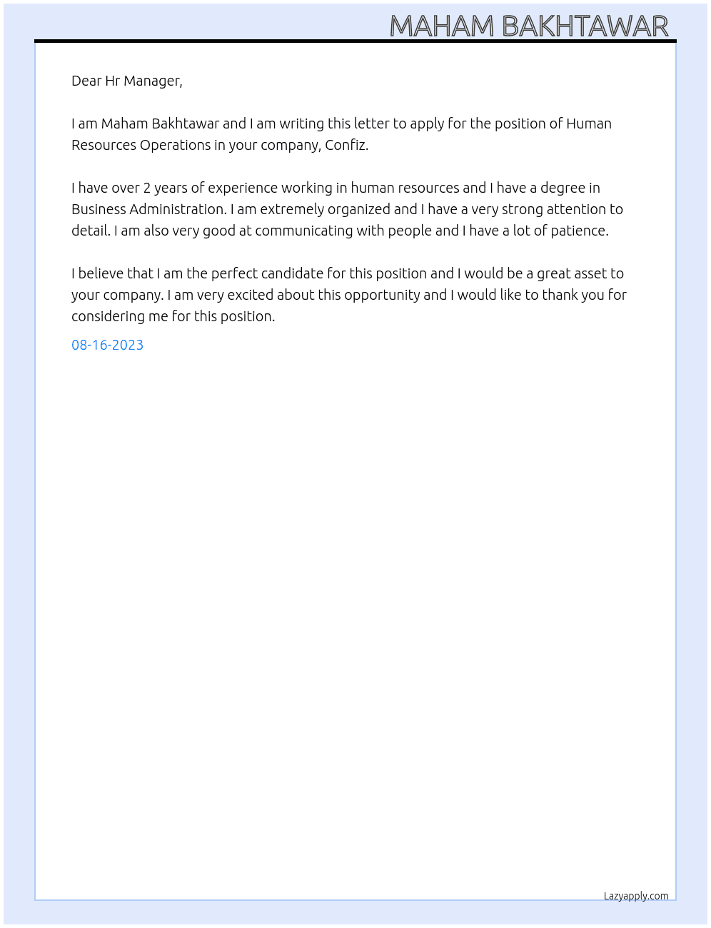 Human Resources Operations At Confiz  Cover Letter
