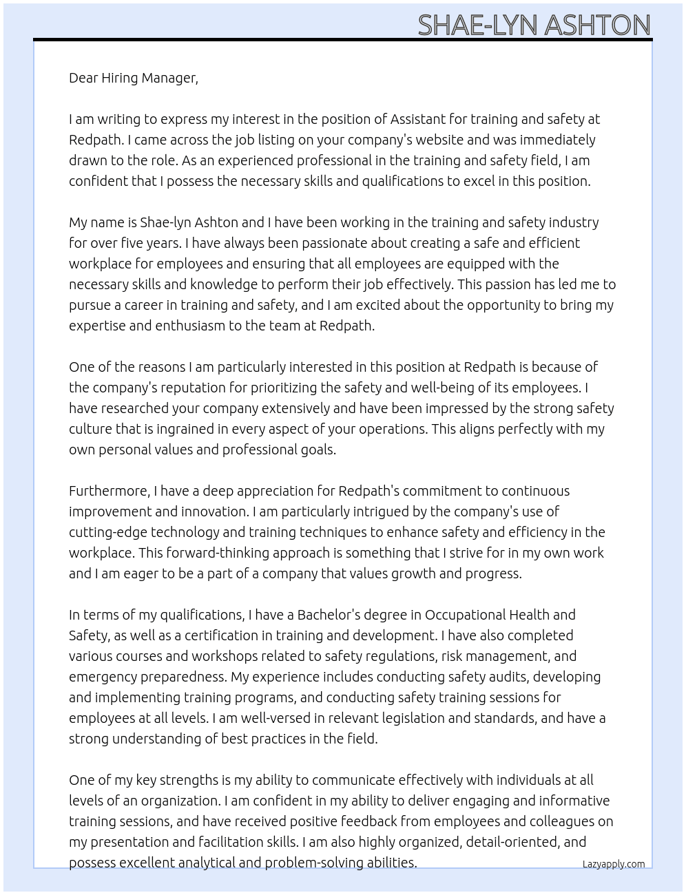 Assistant, training and safety At Redpath Cover Letter