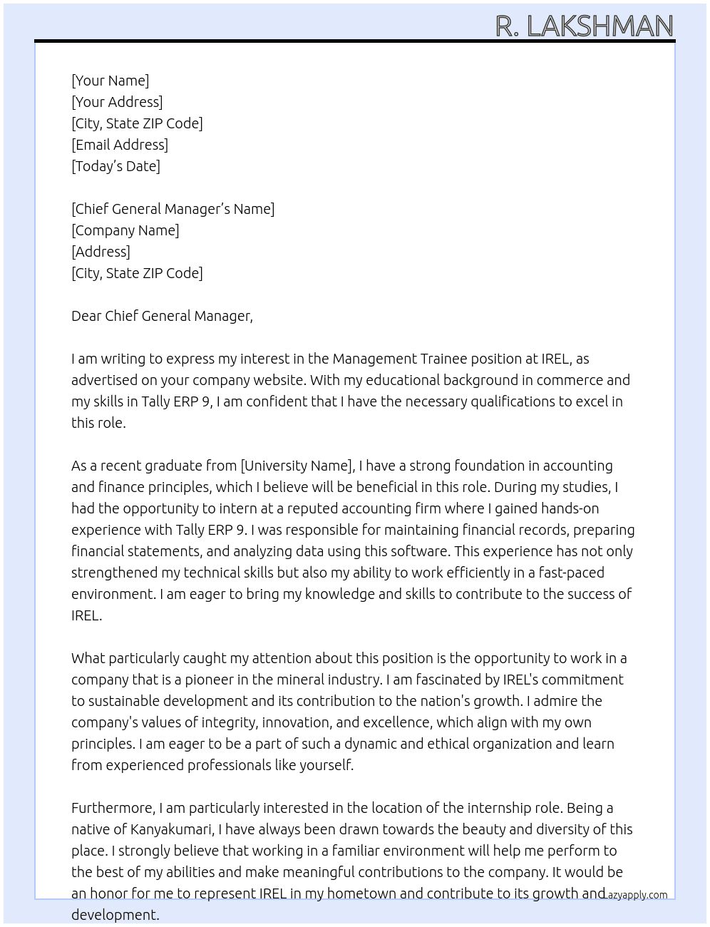 Management trainee  At IREL Cover Letter