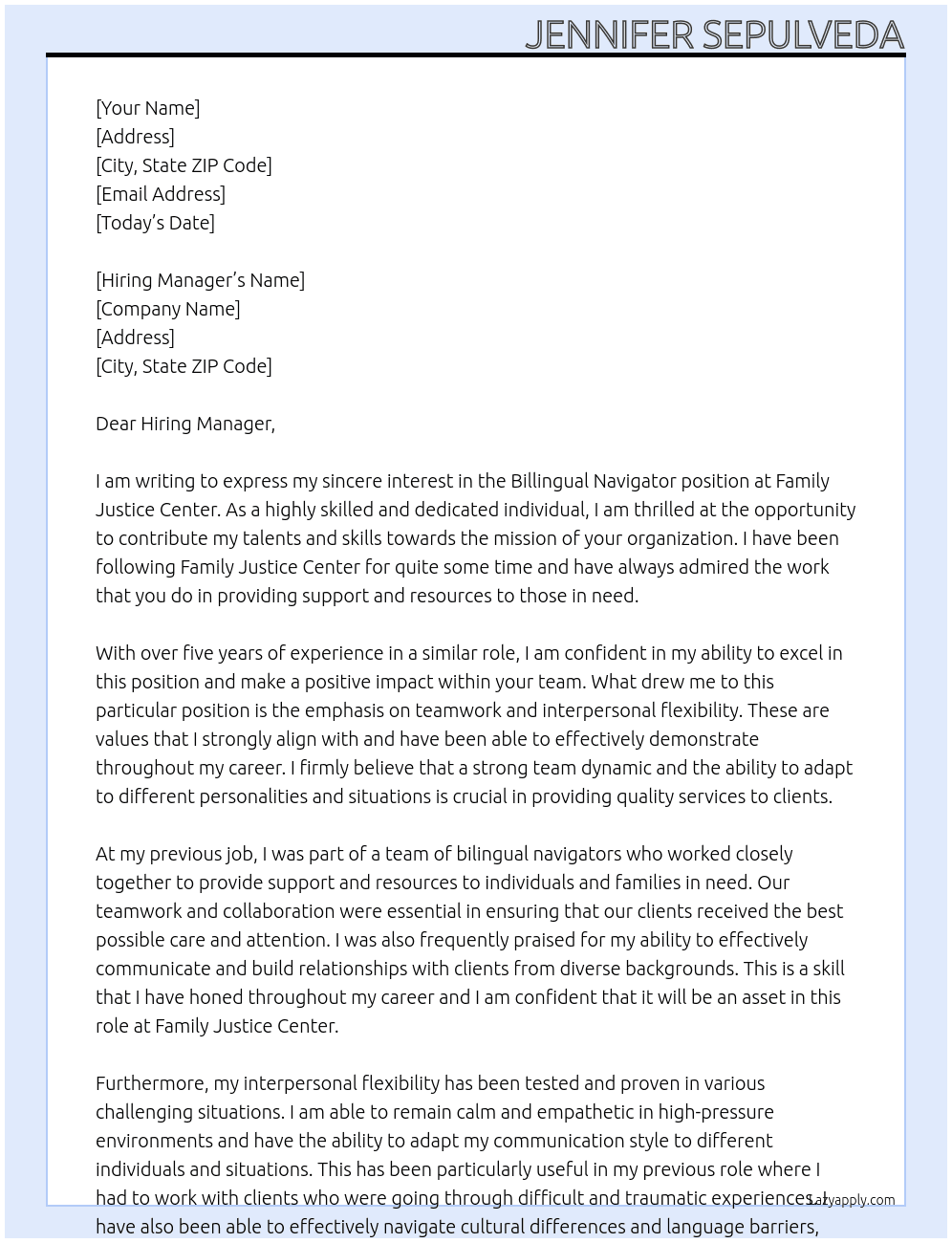 Billingual Navigator At Family Justice Center Cover Letter