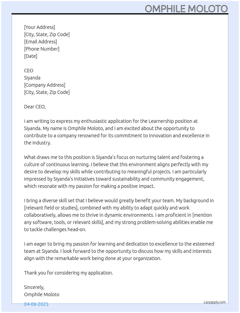 Learnership  At Siyanda Cover Letter