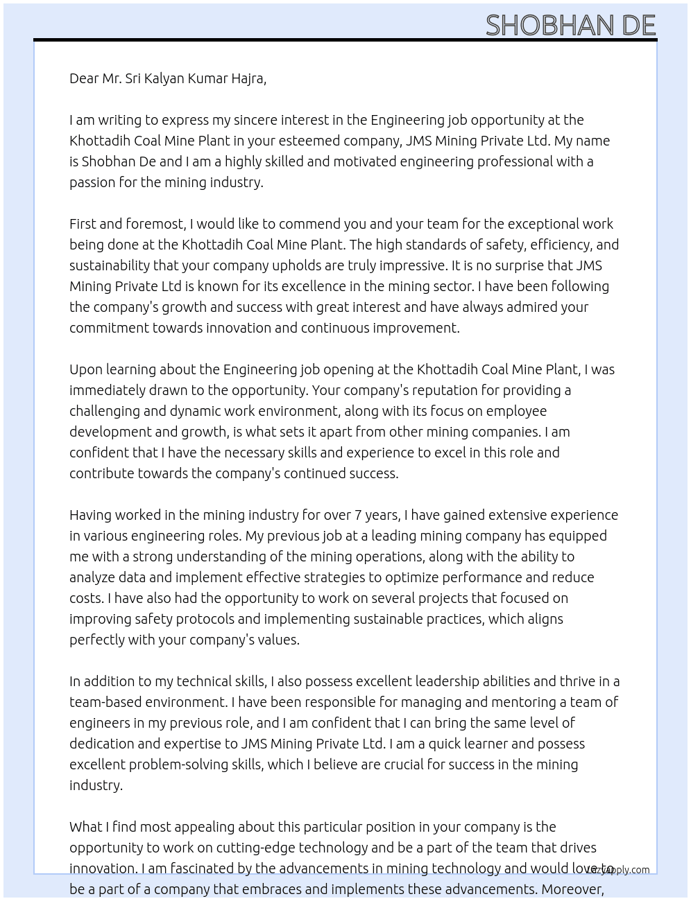 Engineering job At jms mining private ltd Cover Letter