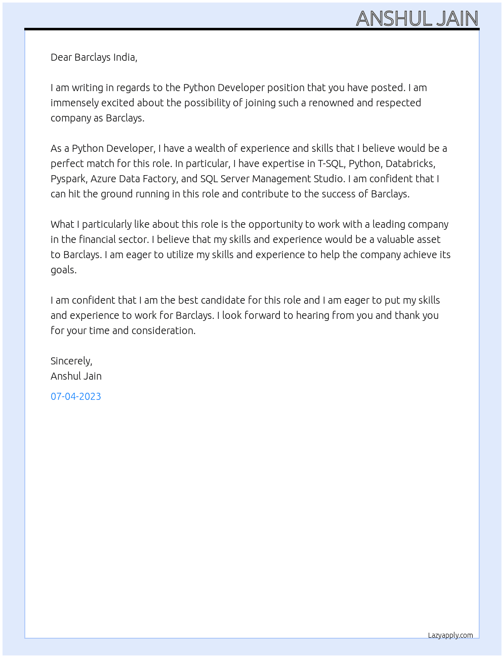 Python Developer At Barclays India Cover Letter