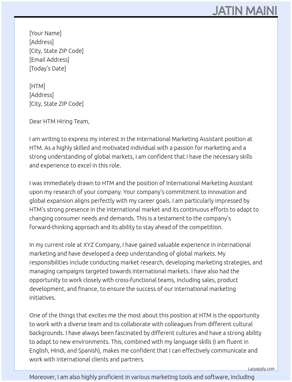 International Marketing Assistant At HTM Cover Letter