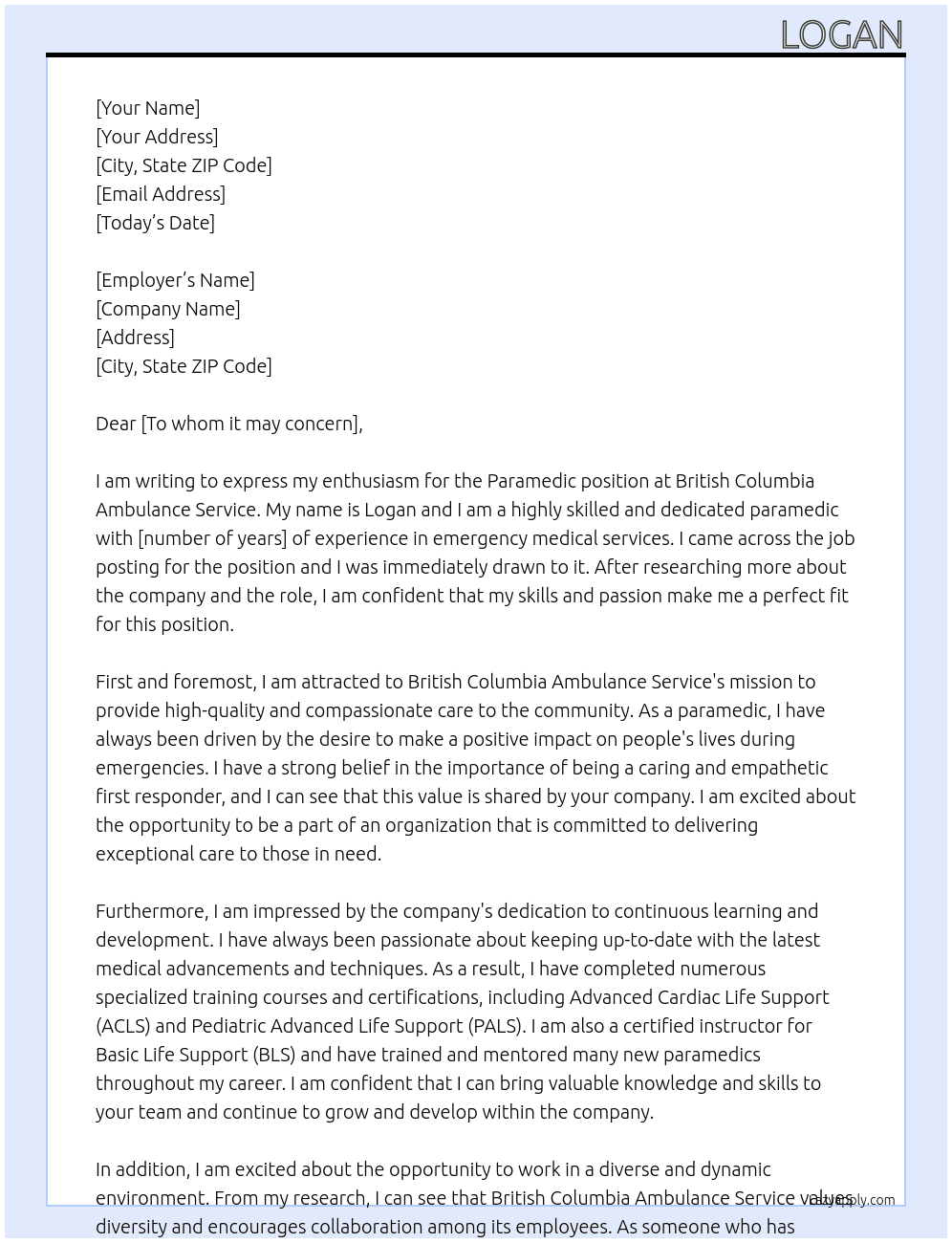 Paramedic At British Columbia Ambulance Service Cover Letter