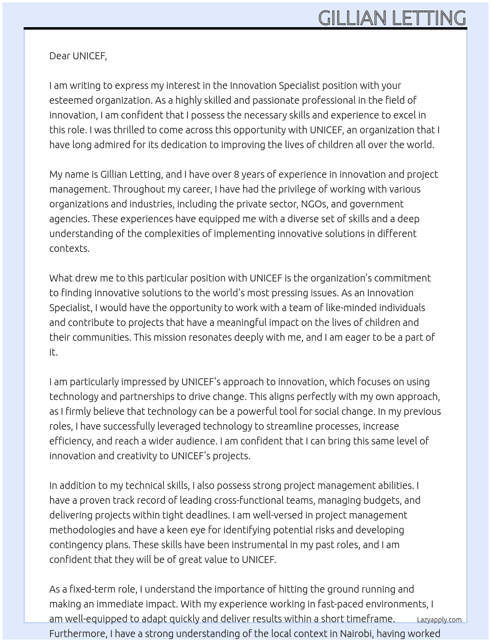 Cover letter for innovation specialist - LazyApply