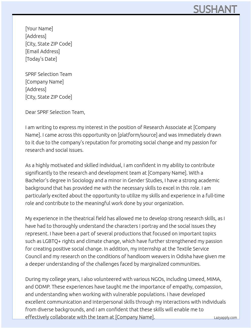 Research Associate At SPRF Cover Letter