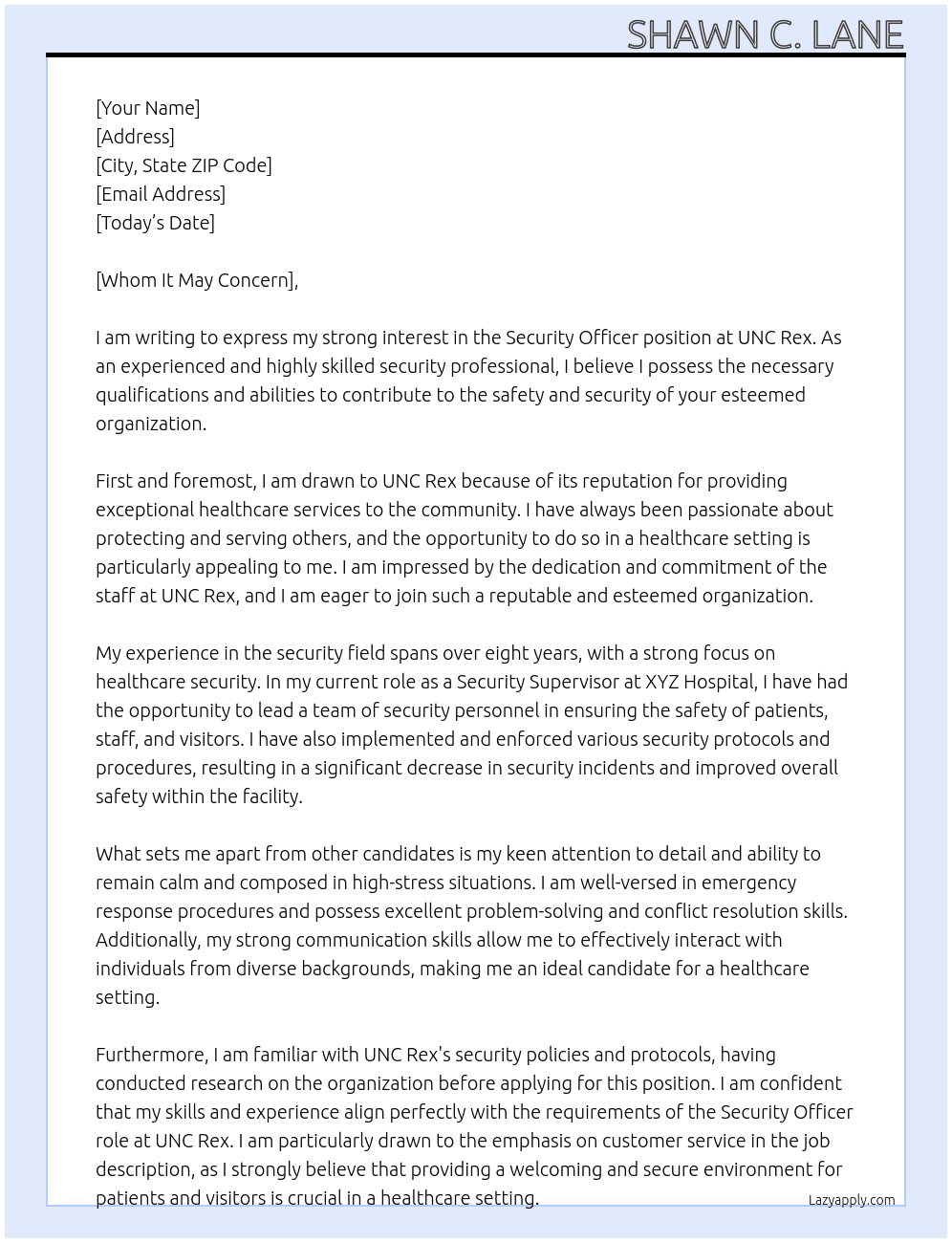 SECURITY OFFICER At UNC Rex Cover Letter