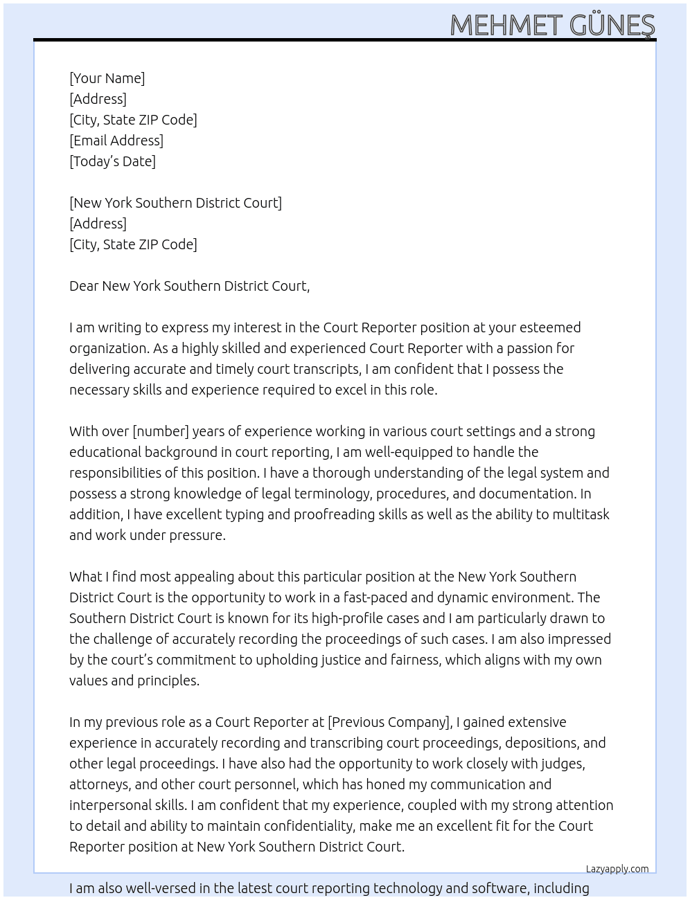 Court Reporter At New York Southern District Court Cover Letter