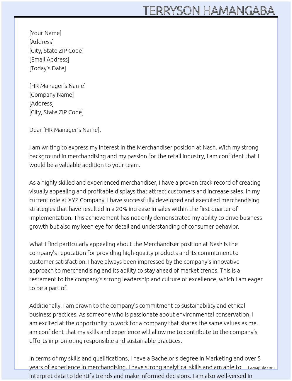MERCHANDISER At Nash  Cover Letter