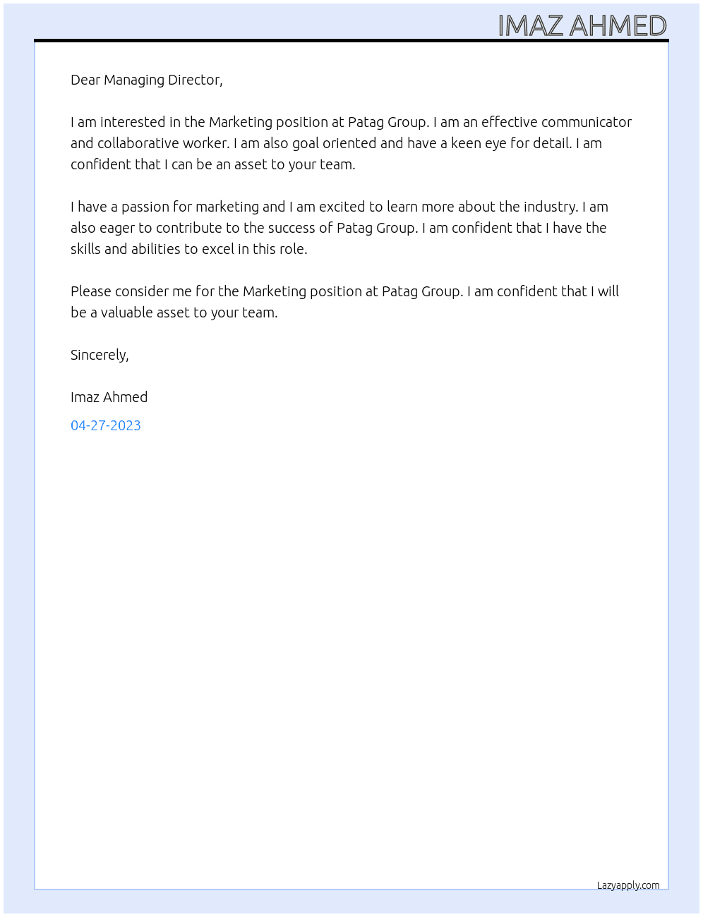 Marketing At Patag Group  Cover Letter