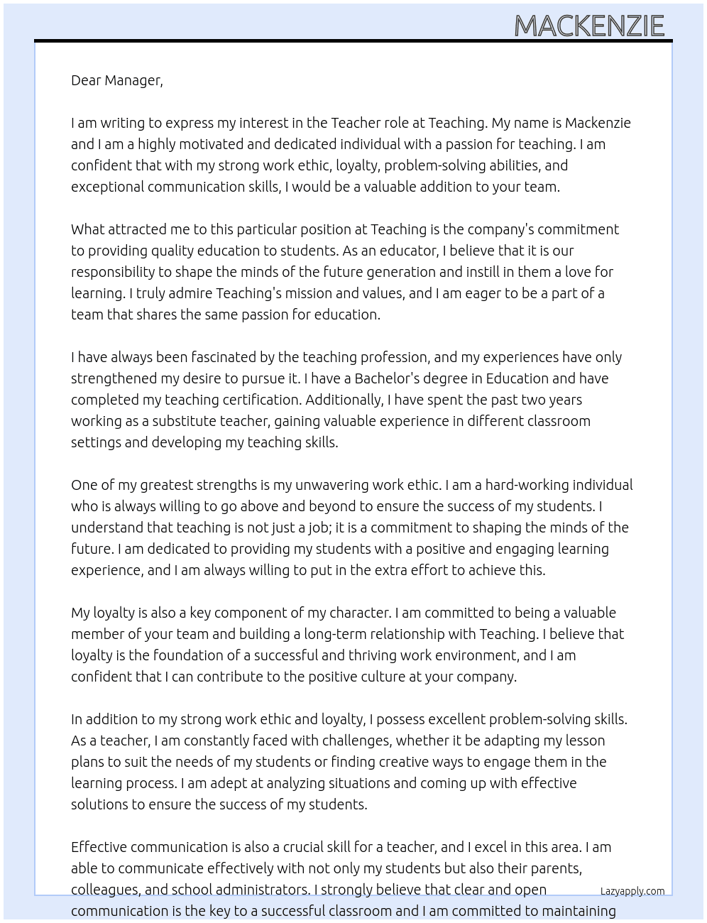 tecaher  At teaching Cover Letter
