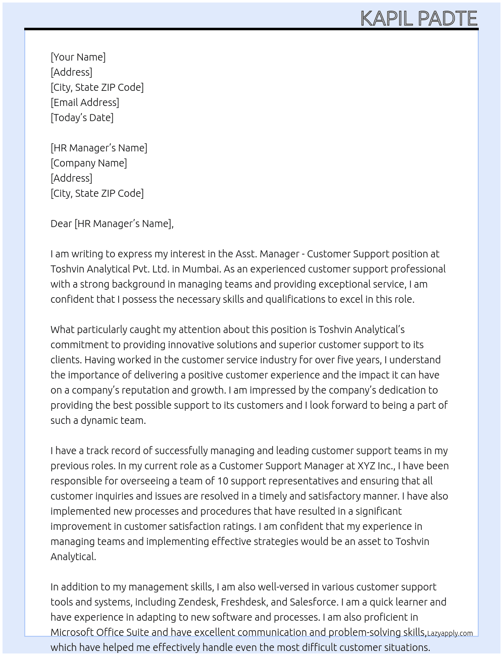  Asst. Manager - Customer Support At Toshvin Analytical Pvt. Ltd. Cover Letter