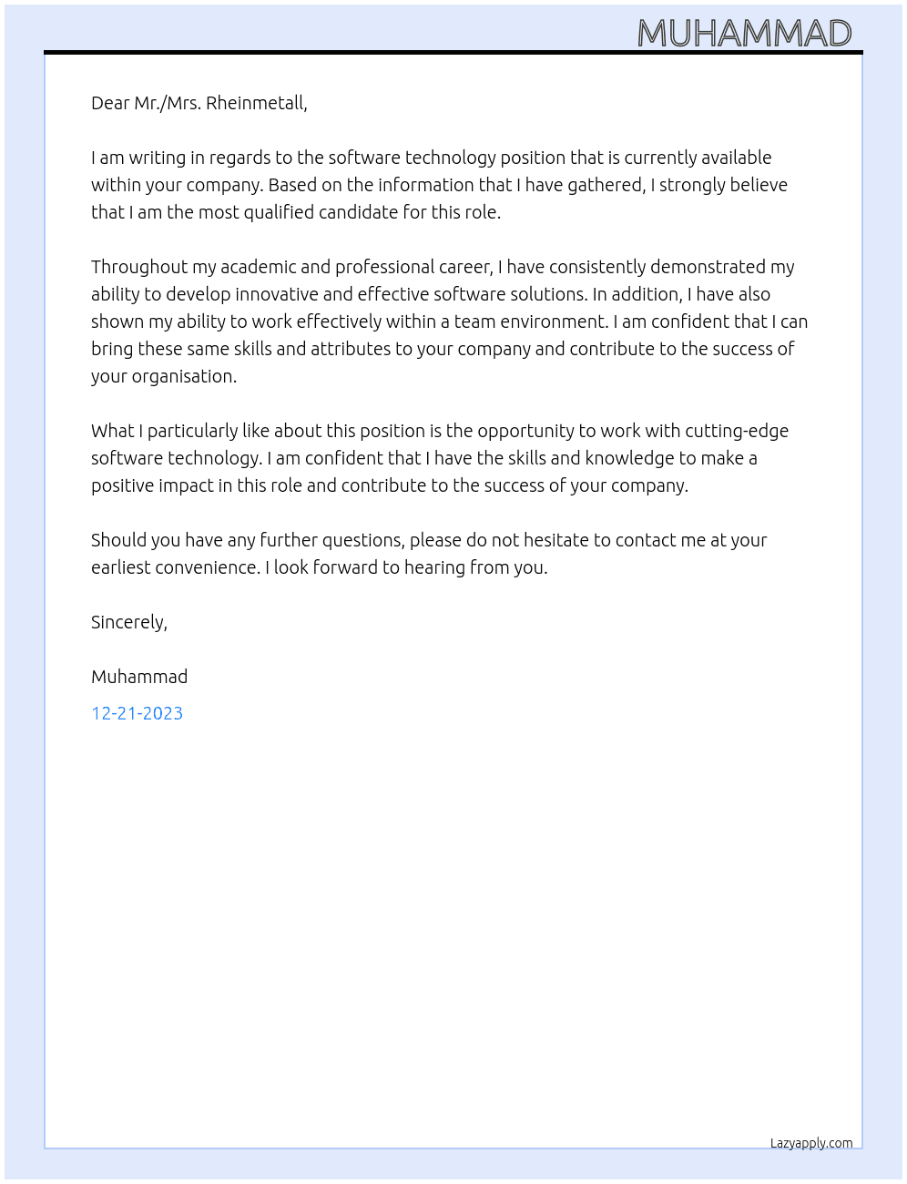 Software technology At Rheinmetall Cover Letter
