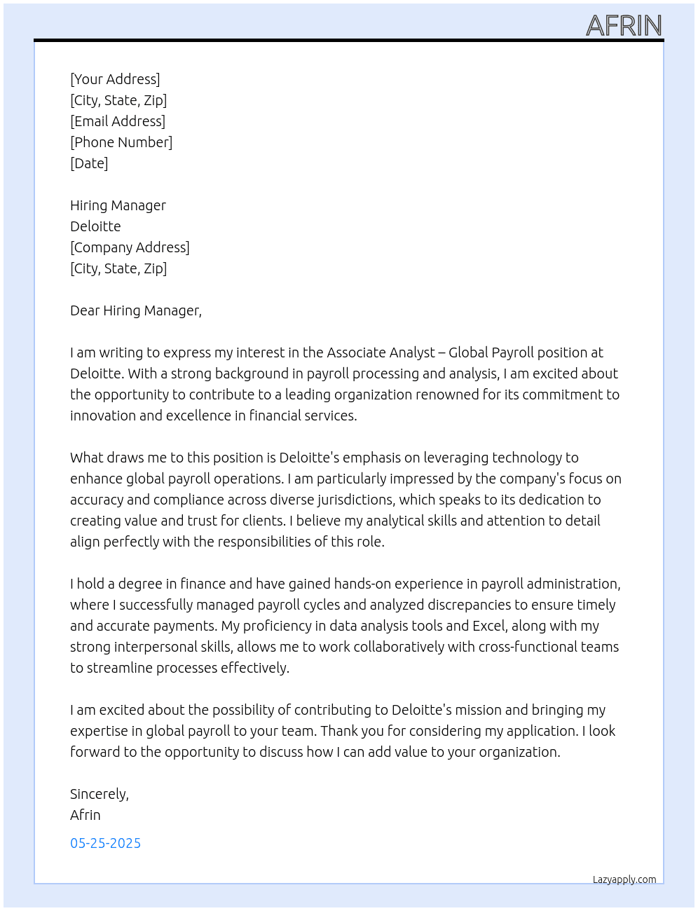 Cover letter for associate analyst – global payroll - LazyApply