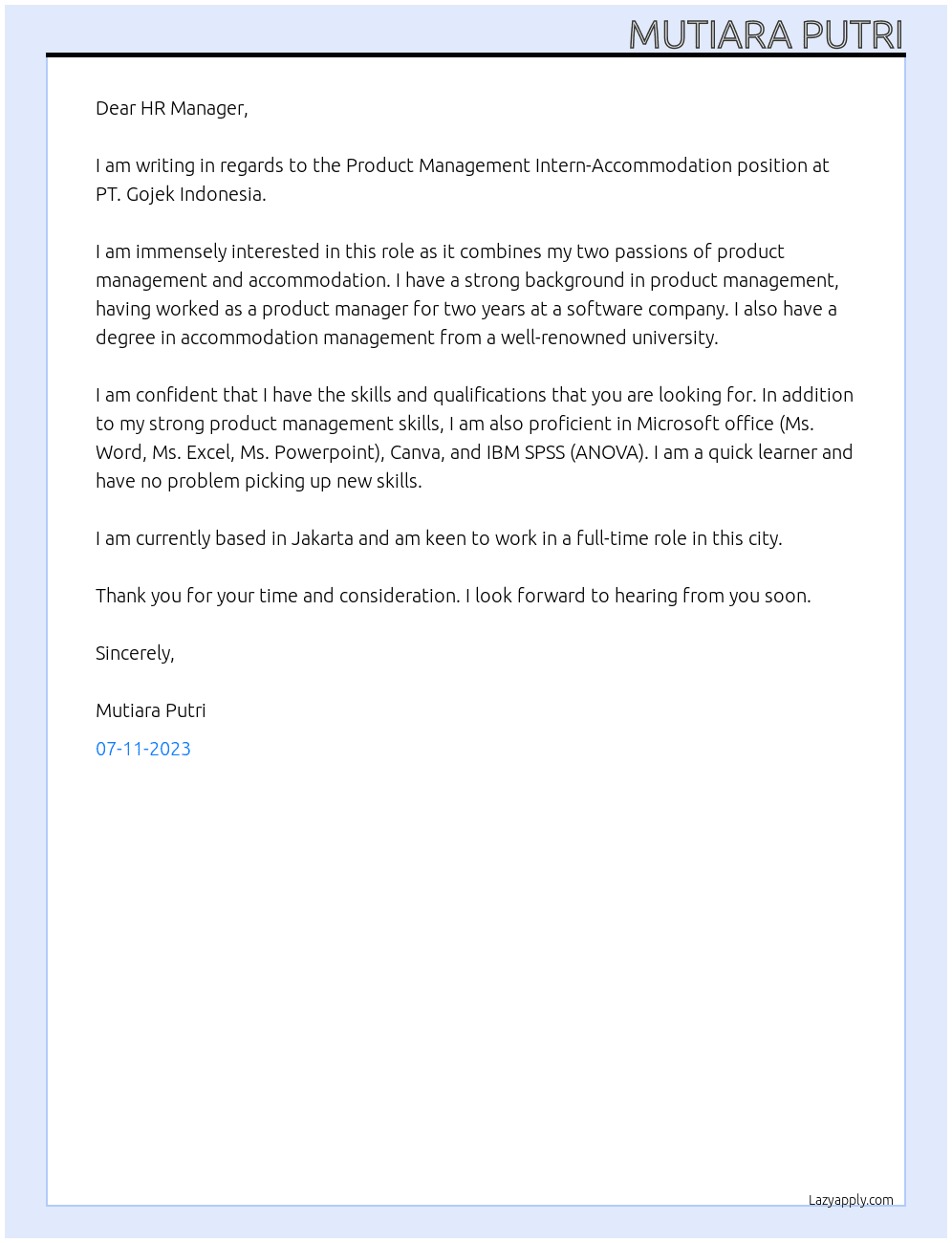 Product Management Intern-Accomodation At PT. Gojek Indonesia Cover Letter