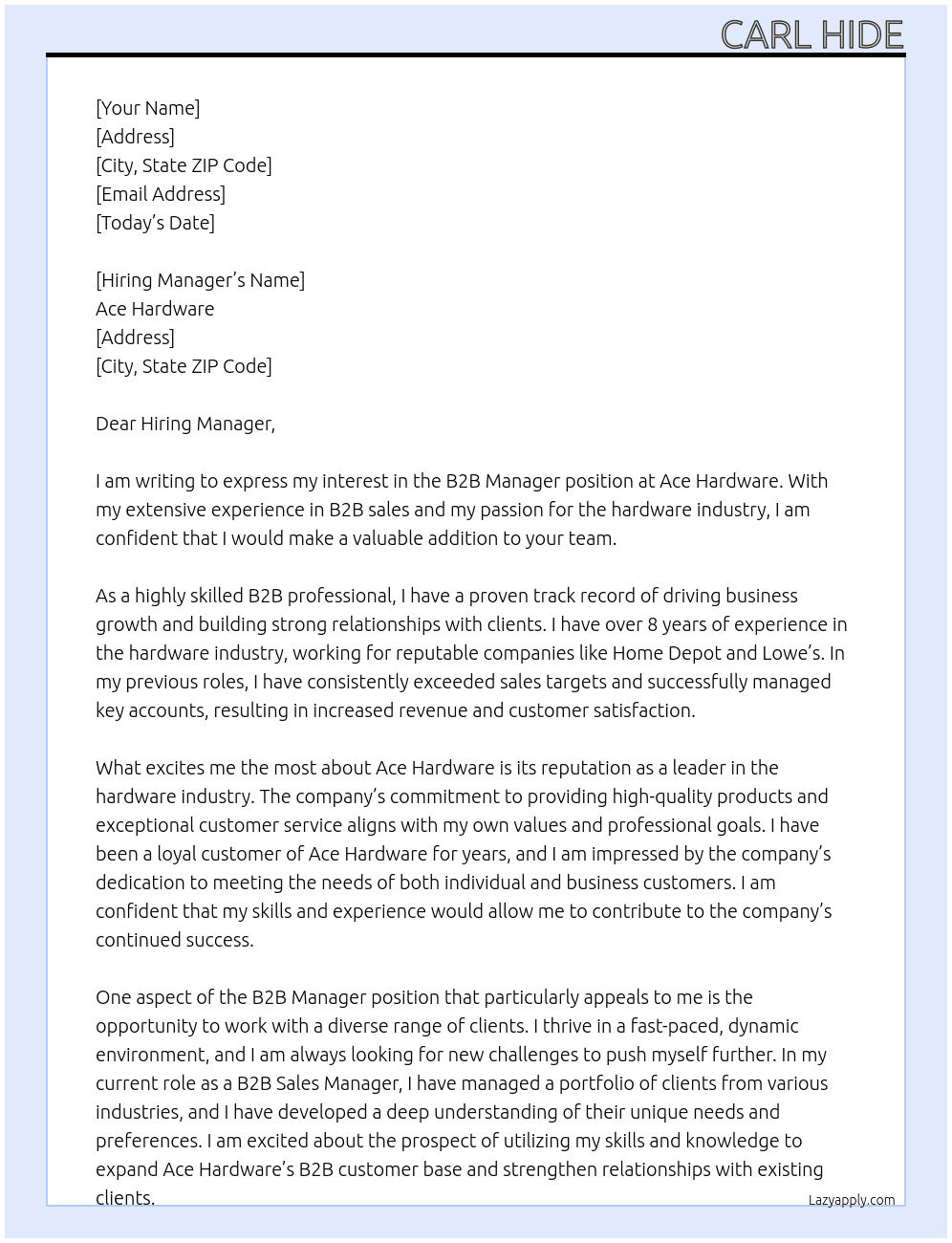 B2B manager At Ace Hardware Cover Letter