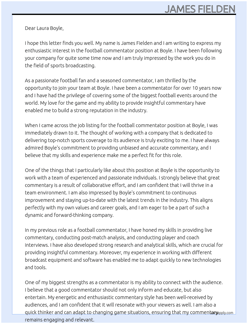 football commentator At boyle Cover Letter