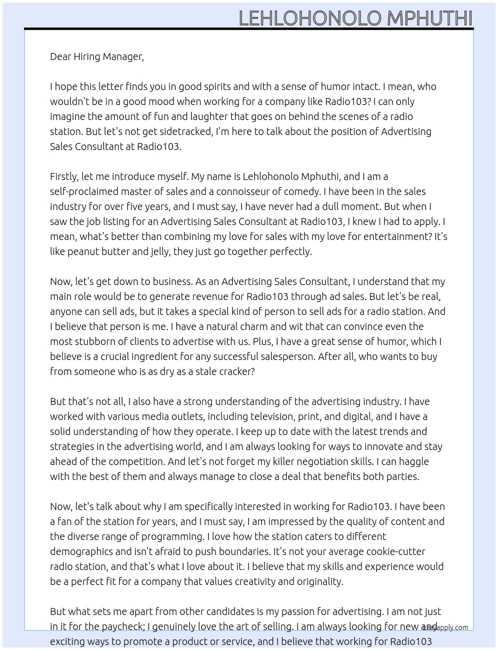 Advertising sales consultant  At Radio103 Cover Letter