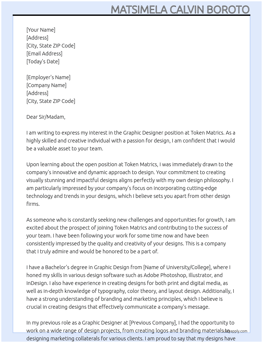 Graphic Designer At Token Matrics Cover Letter