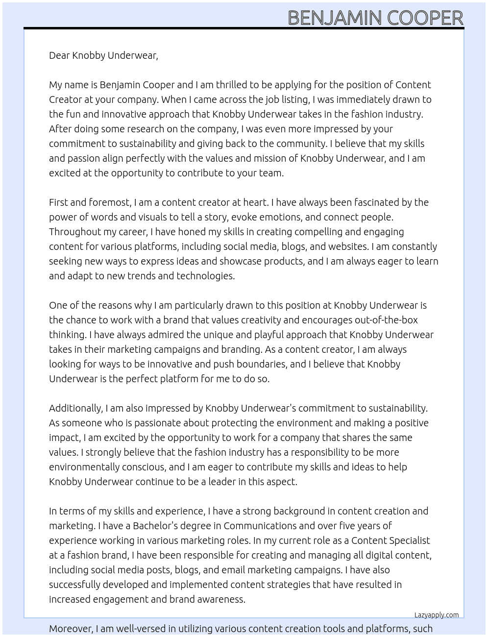 Content Creator  At Knobby Underwear Cover Letter