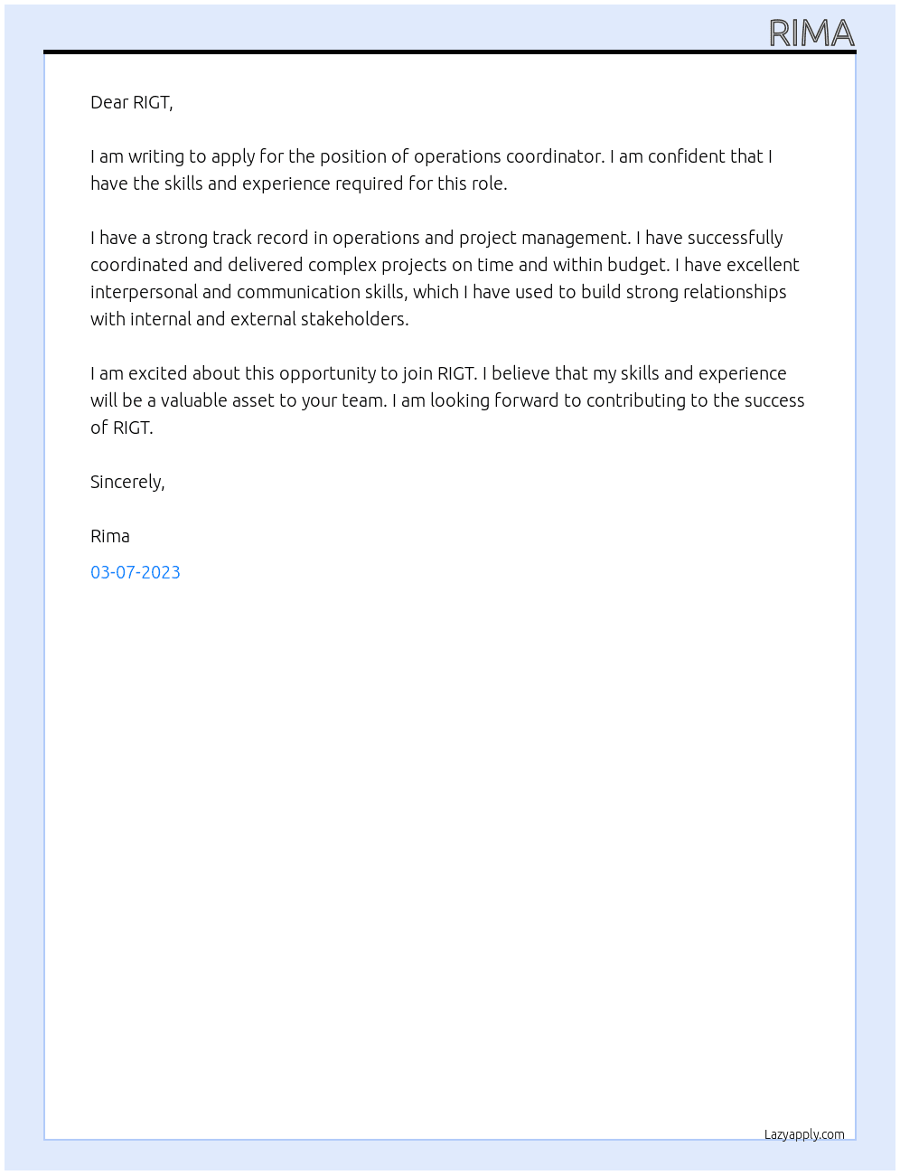 operations coordinator  At RIGT Cover Letter