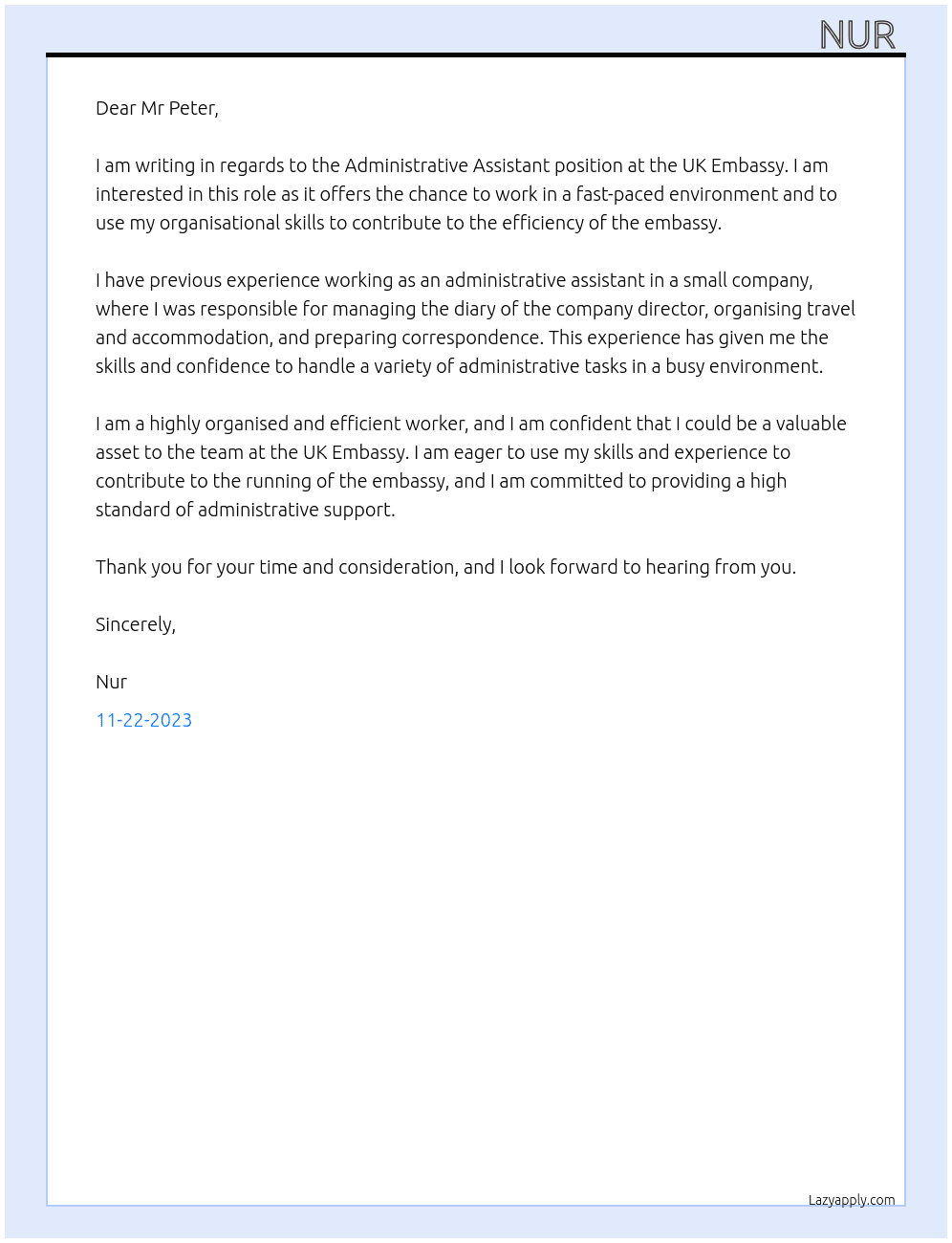 Administrative Assistant At UK Embassy Cover Letter
