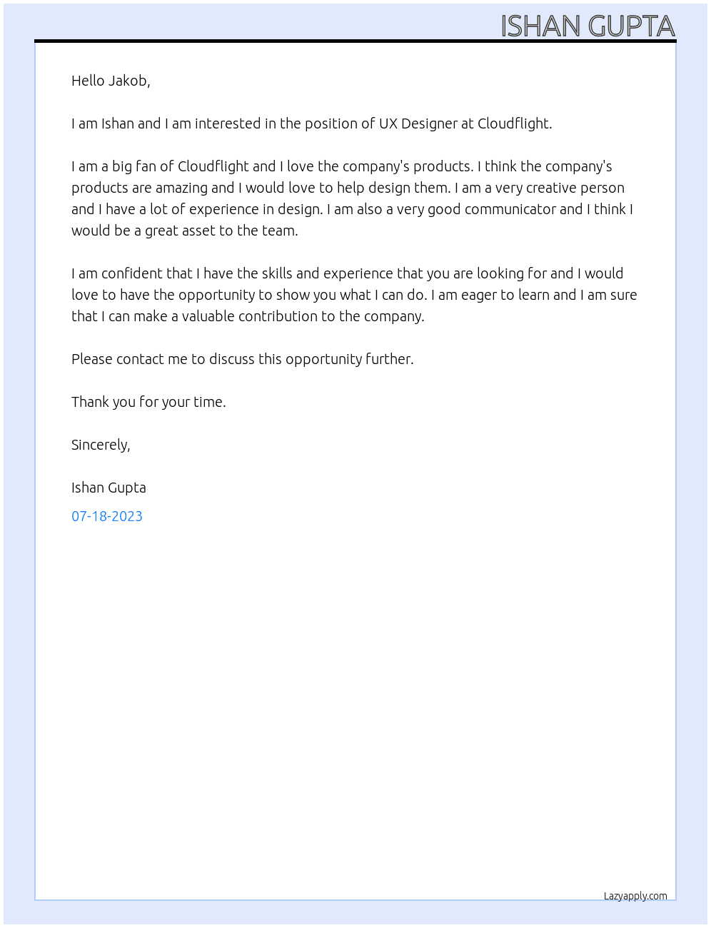 UX Designer At Cloudflight Cover Letter