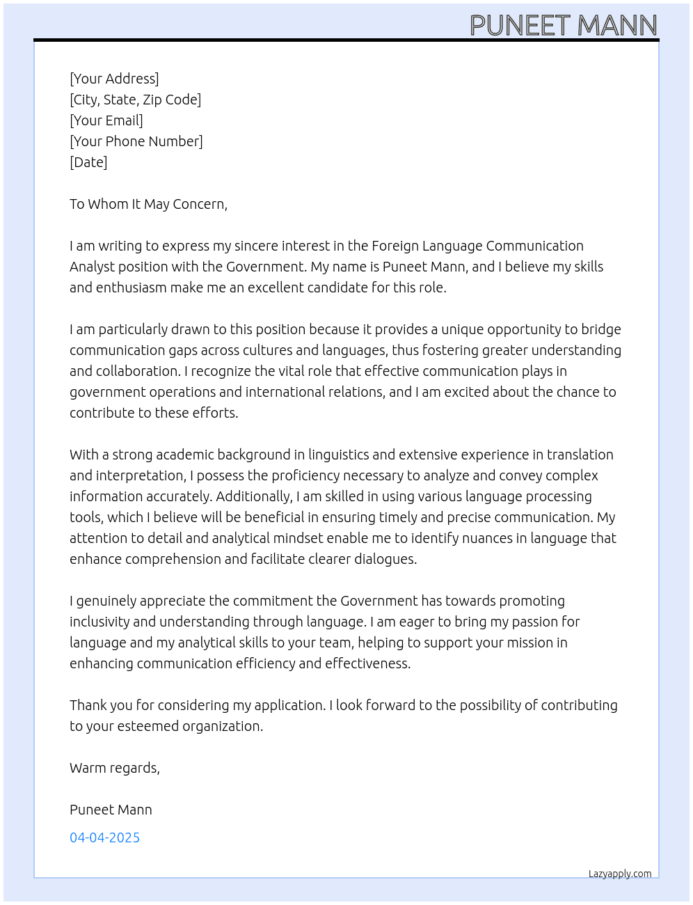 Foreign Language Communication Analyst At Government  Cover Letter